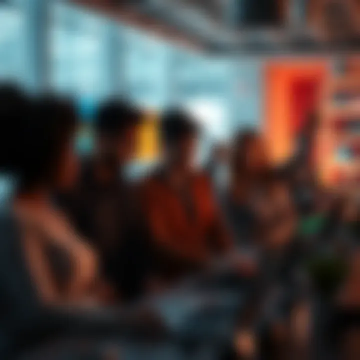 A group of people collaborating on technology projects in a bright, modern workspace in Florida Dee