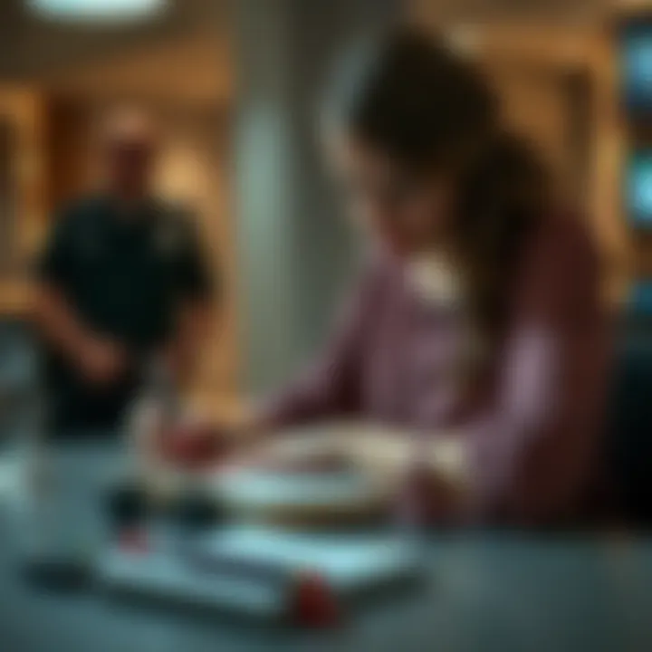 A Florida woman sitting at a table, writing in her diary with a concerned expression, while a police officer is seen in the background talking with a person.