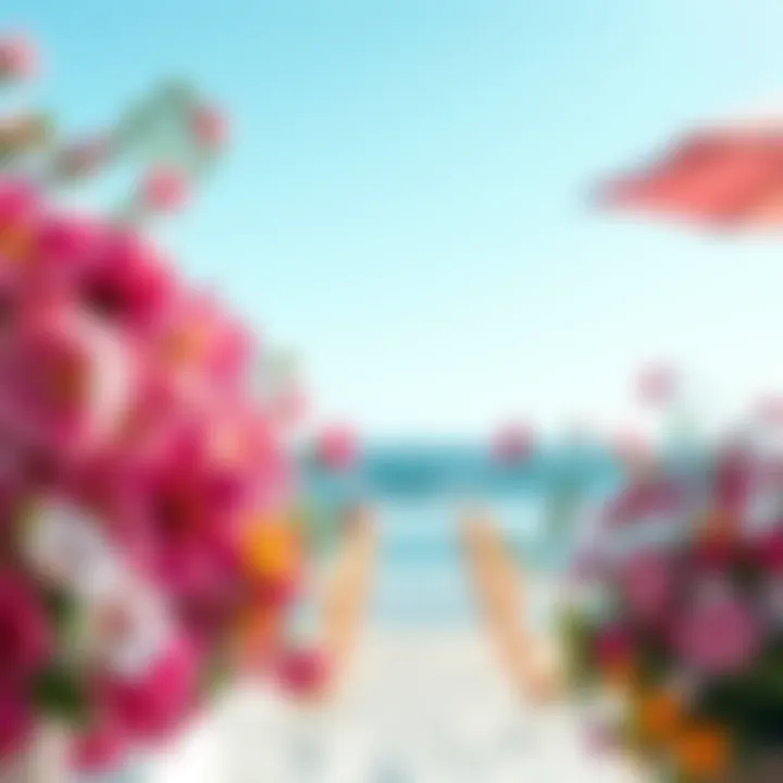 A vibrant bouquet of flowers representing fertility themes in Mamma Mia, with a scenic beach background.