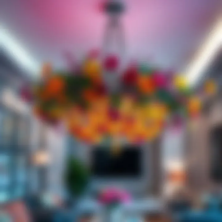 A beautiful flower chandelier made of colorful flowers hanging from the ceiling, enhancing the room's decor.