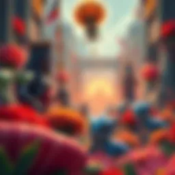 A colorful Aztec-inspired world filled with flowers and divine figures from the game Flowers and Deities, showcasing its unique art style.