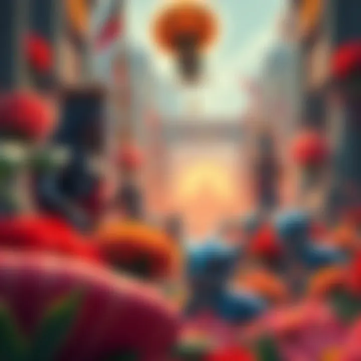 A colorful Aztec-inspired world filled with flowers and divine figures from the game Flowers and Deities, showcasing its unique art style.