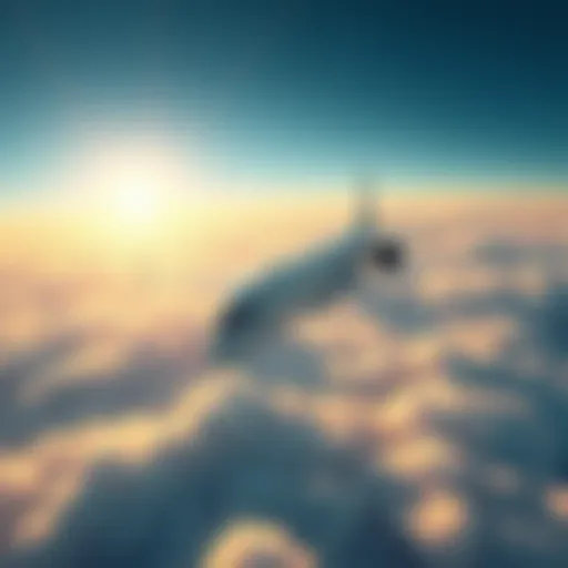 A stunning view of a modern aircraft soaring through a clear blue sky with fluffy clouds below.