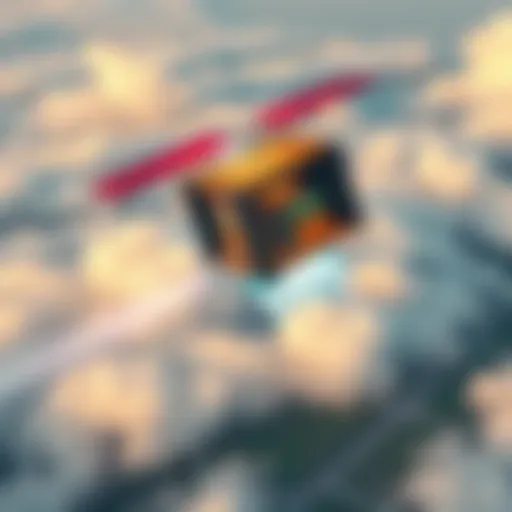 An aerial view of a colorful flying library, with books visible inside and surrounded by clouds, flying over a scenic landscape.