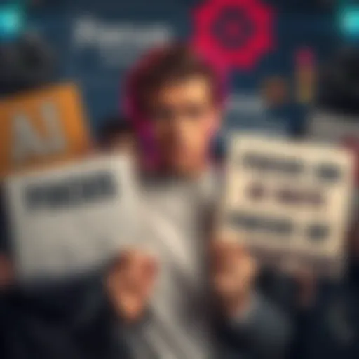 A person looking frustrated while holding signs about pollution and corruption, surrounded by tech gadgets.