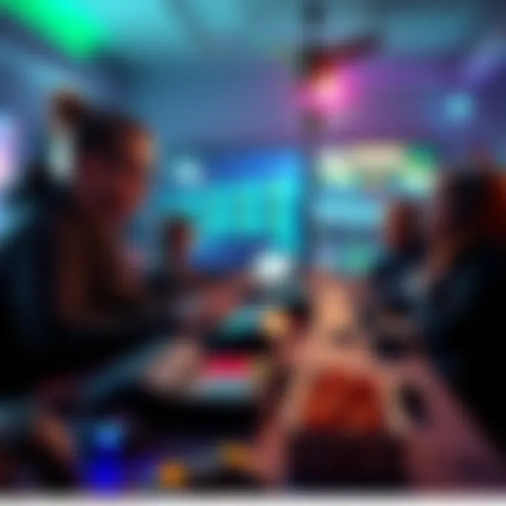 Focus on Gaming A group of gamers discussing strategies over a table with gaming consoles and snacks.