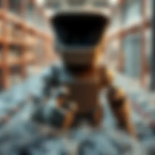 A character depicted as a robot focused on producing paperclips tirelessly in a factory setting, surrounded by rows of paperclips