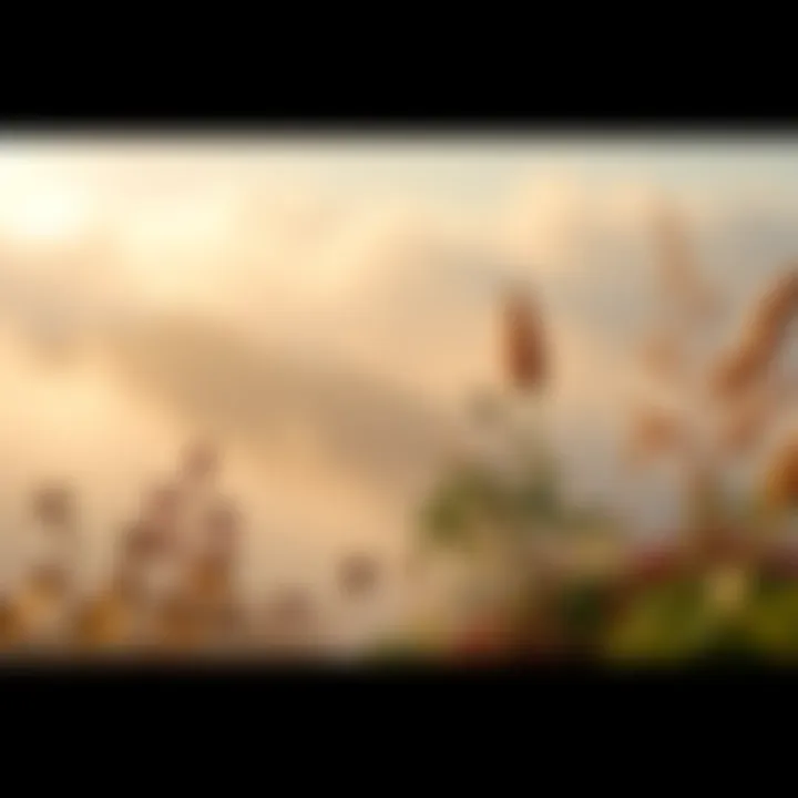 A serene outdoor scene with volumetric fog and soft camera blur, featuring diverse plant life and warm light.
