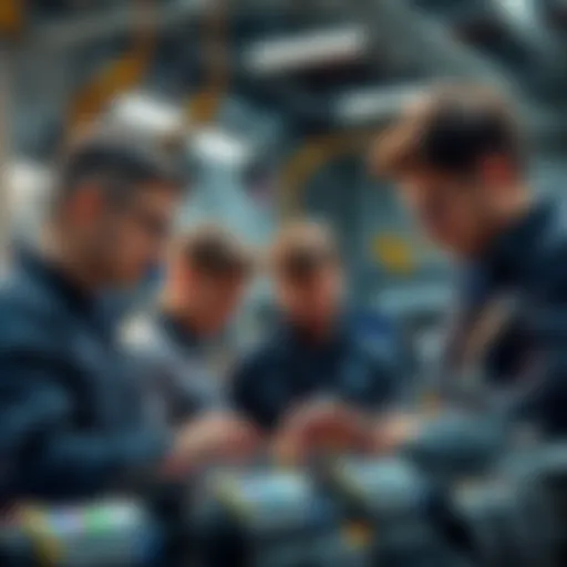 A group of Ford engineers collaborating on an engineering project, emphasizing the return to human expertise in the industry.