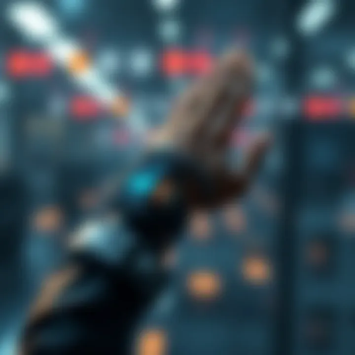 A person wearing a futuristic forearm device that displays digital information, symbolizing the future of personal computing.