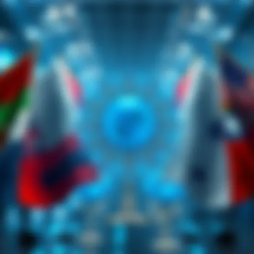 A graphic showing foreign flags intertwined with AI symbols to represent foreign influence in American AI campaigns