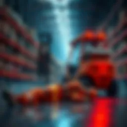 A warehouse scene showing an injured worker on the ground with a forklift in the background, highlighting the dangers of AI in the workplace.