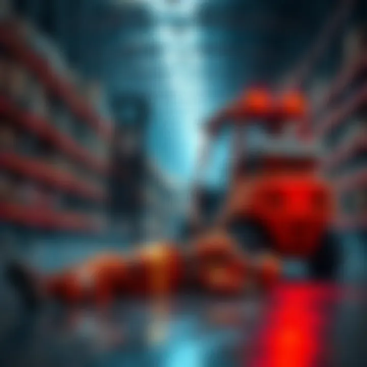 A warehouse scene showing an injured worker on the ground with a forklift in the background, highlighting the dangers of AI in the workplace.
