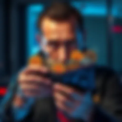 A former FBI agent looking worried while holding a digital wallet filled with cryptocurrency, contemplating his theft and how to avoid detection.