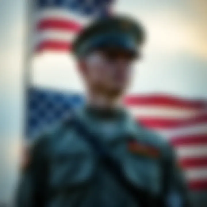 A former OEF Marine in uniform reflecting on his military service, standing proudly with an American flag in the background