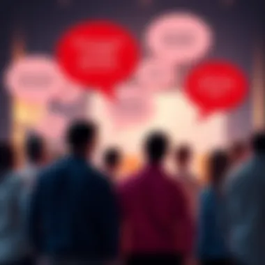 A group of people discussing their dislikes about a forum, with speech bubbles showing various complaints.