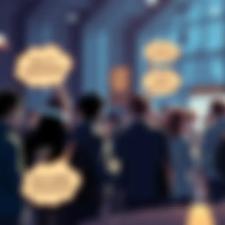 People engaging in conversation about recent posts on a forum, with thought bubbles illustrating their insights and reactions.