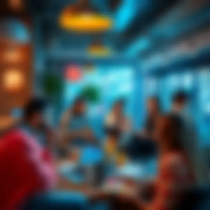 A group of average forum members gather in a casual setting, engaging in discussions and sharing ideas, with laptops and snacks around them.