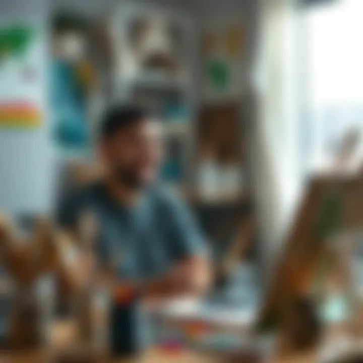 Forum User Enjoying Hobbies A relaxed person smiling while painting at home with various art supplies around them, showcasing their passion for creativity.