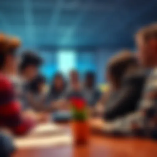A group of people discussing and analyzing news headlines together in a forum setting.
