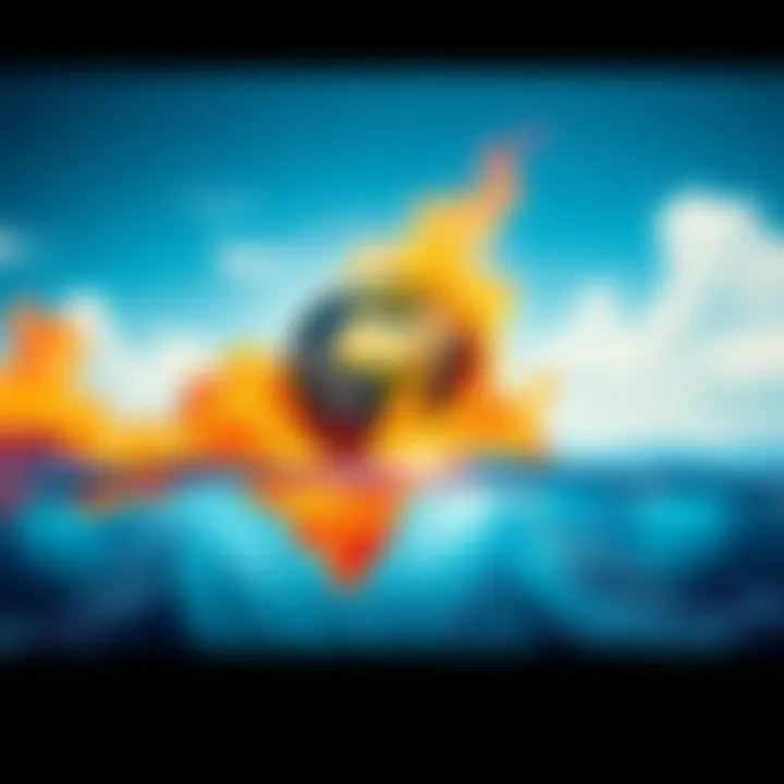 A visual representation of the four elements: a lush green Earth, flowing blue water, bright orange flames, and soft white clouds in a clear sky.