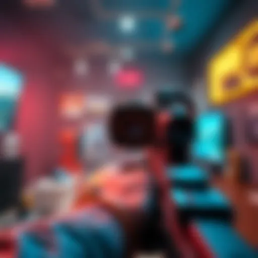 A gamer aiming in a first-person shooter game, showing screen center alignment versus camera position, highlighting camera shake impact.