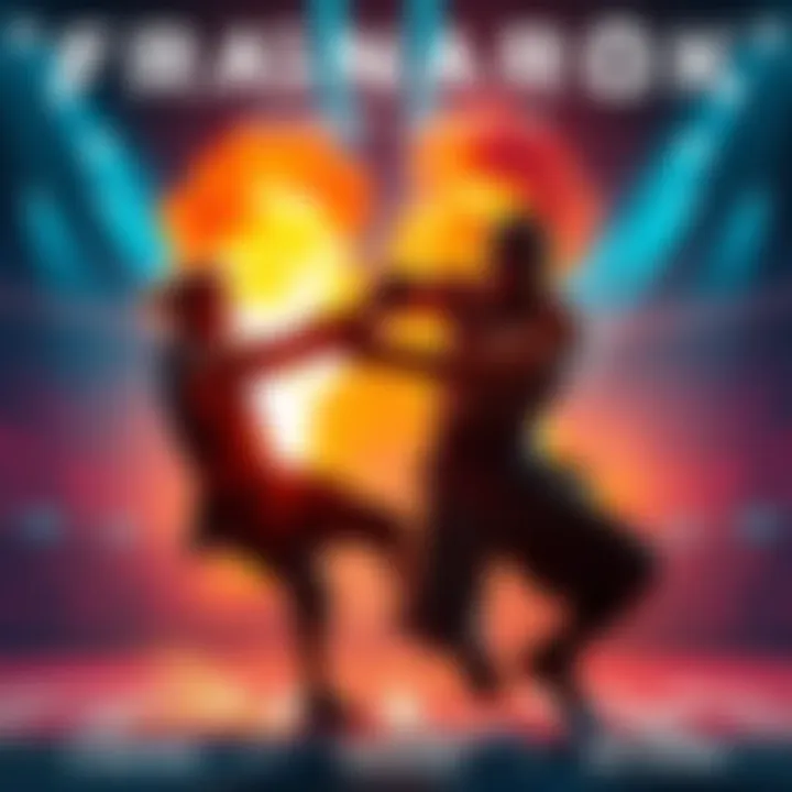 Two athletes in dynamic poses engaged in a combat sport, showcasing strategy and physical intensity in a vivid arena
