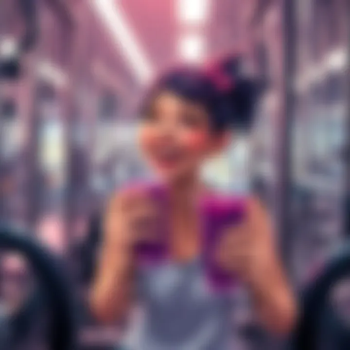 Fraisita laughing while surrounded by gym equipment, with a blueberry smoothie in hand