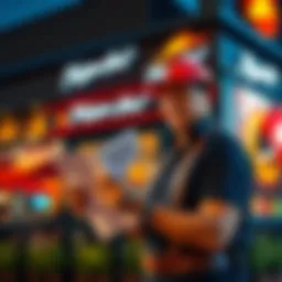 A franchisee holding legal papers outside a Pizza Hut restaurant, showing frustration with kitchen AI operations