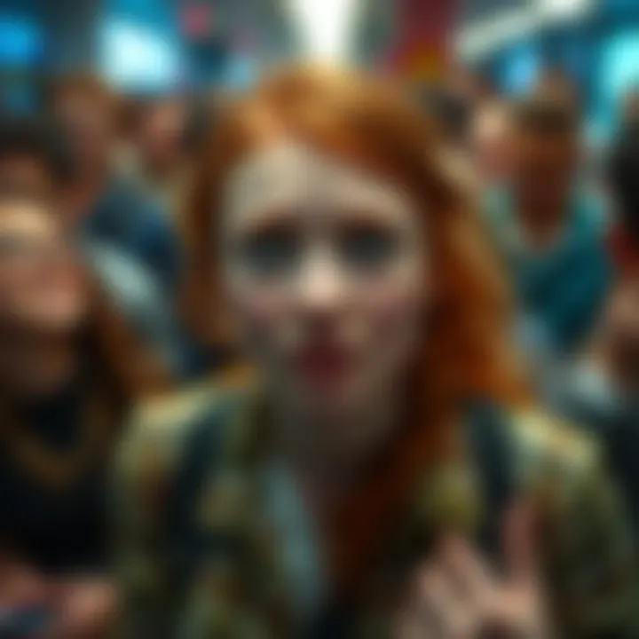 A freckled redhead looking surprised in a bustling crowd, with people laughing around her.