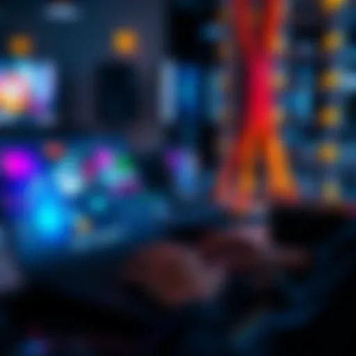 A person creating a short video using a laptop with colorful graphics displaying AI video tools on the screen.