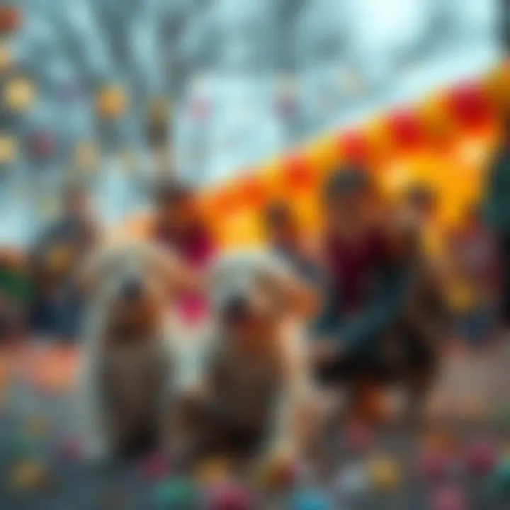 A cheerful scene with people enjoying free candy and playing with cute puppies, promoting joy and kindness in the community.