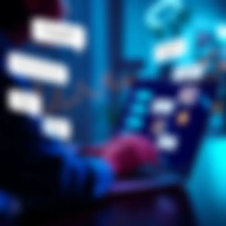 A person exploring various free AI chatbot options on a laptop, with text bubbles representing questions and responses, highlighting the search for functionalities without limits.