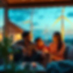 A family enjoying free electricity at home with wind turbines in the background