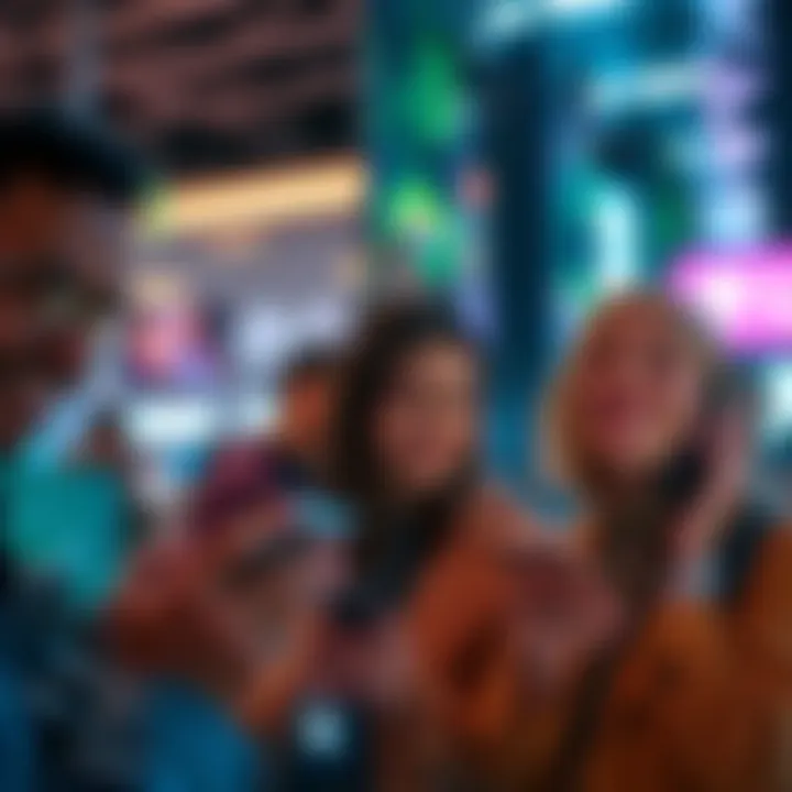 A group of people happily communicating on their phones, enjoying free messaging services