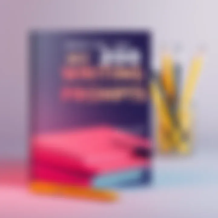 Cover of a free ebook featuring writing prompts, with a colorful design of a notebook and a pen