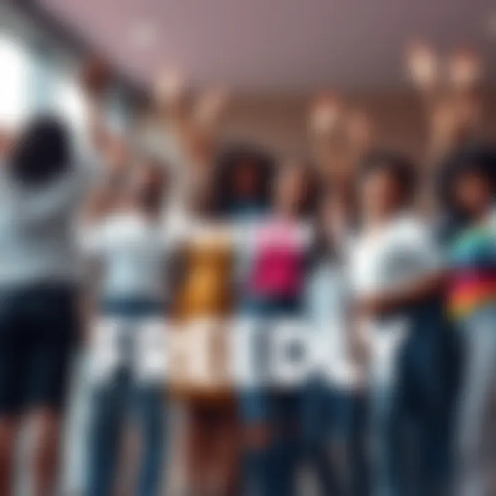 Group of diverse individuals celebrating freedom A diverse group of people standing together joyfully, symbolizing support and acceptance of personal choices in a community setting.