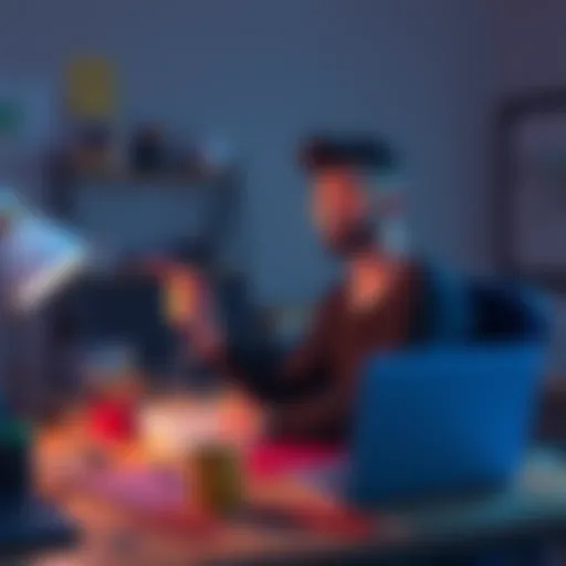 A freelance animator sitting at a desk, sketching with a pencil while surrounded by art supplies and a laptop, looking calm and focused despite the feeling of uncertainty.