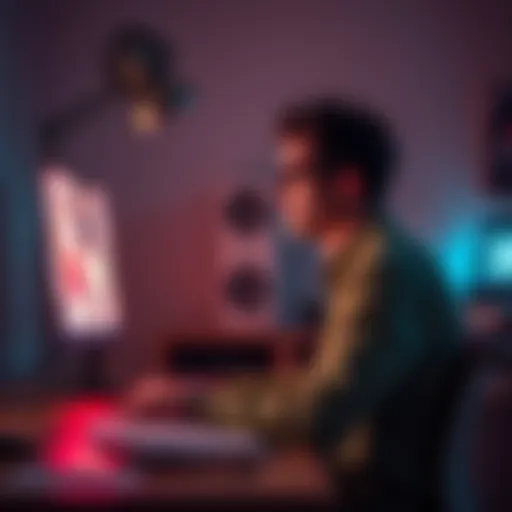 A freelance artist sitting at a desk, looking frustrated while reviewing AI-generated artwork on a computer screen.