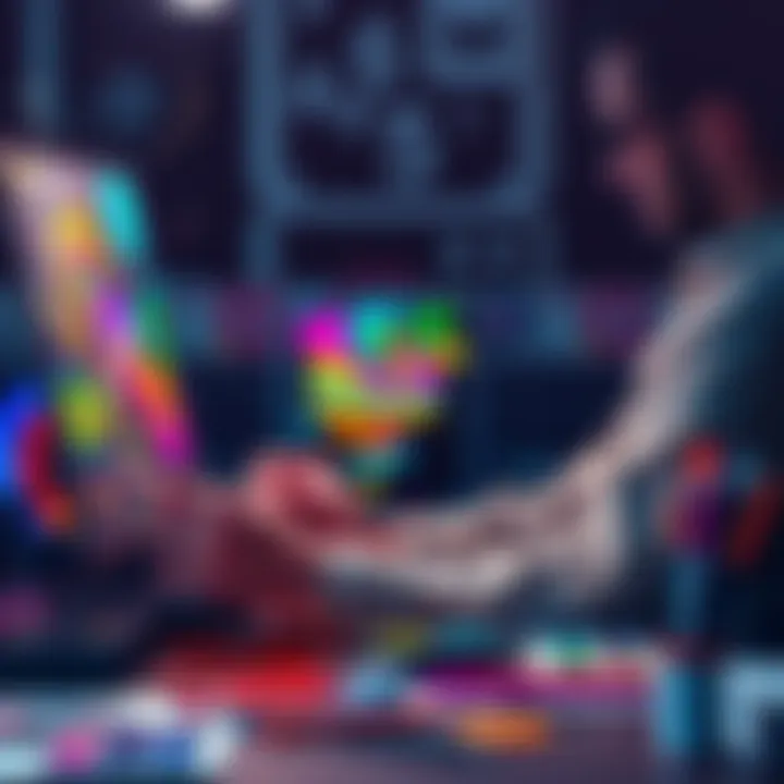 A freelance artist painting vibrant game graphics at a desk with colorful supplies