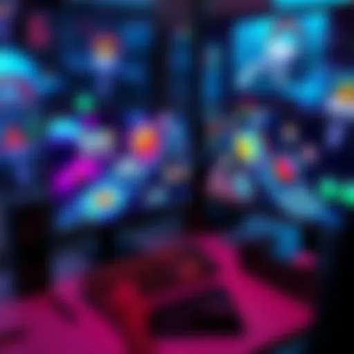 A digital artist creating game assets on a computer, showcasing various designs and tools used in game development.