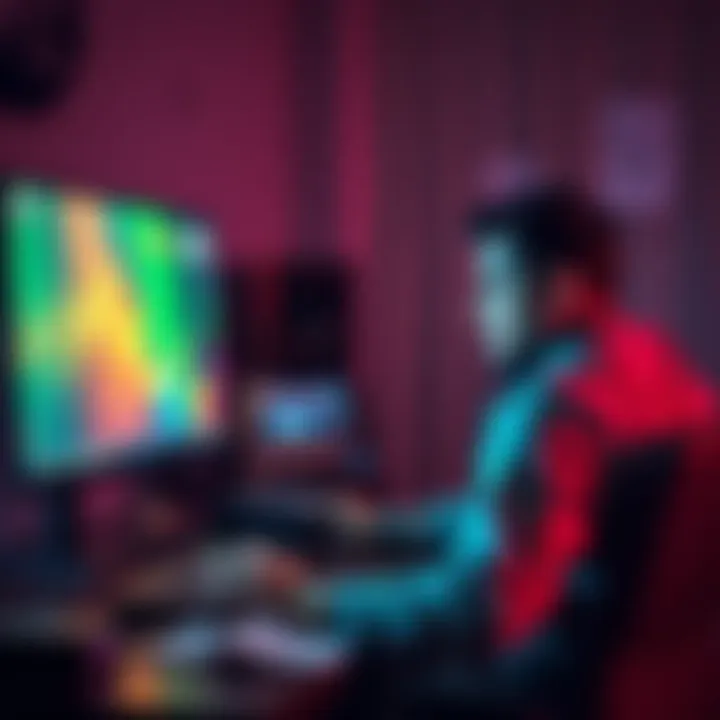 A person working on a computer, creating a 3D visualization video for a DJ, with notes on pricing and project details around them.