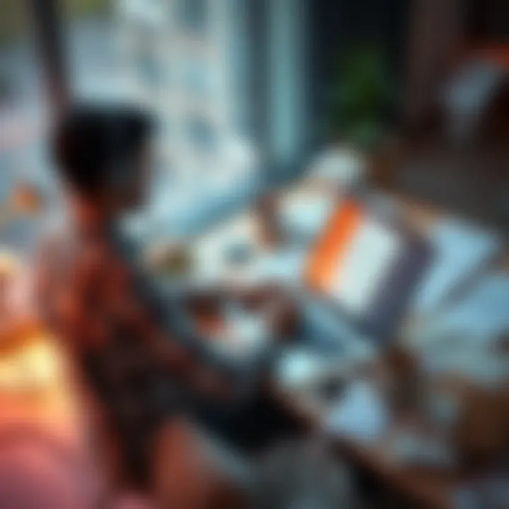 A freelance writer sits at a desk, typing on a laptop with AI writing software on the screen. Papers and notes are scattered around, reflecting the creative process.