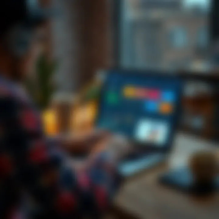 A person analyzing data on a laptop with charts and graphs displayed on the screen in a cozy workspace