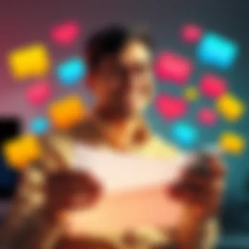 A freelancer smiling while reviewing comments on their video reel, surrounded by colorful feedback icons, representing engagement from the community