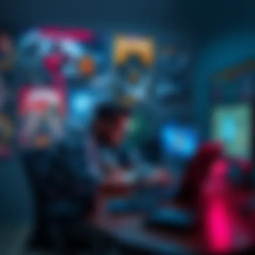 A freelancer sitting at a desk, focused on coding a game project on their laptop with gaming posters in the background.