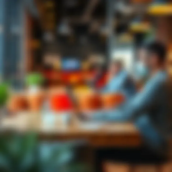 A freelancer sits at a table in a vibrant co-working space, using a laptop with a coffee cup beside them, surrounded by other people working.