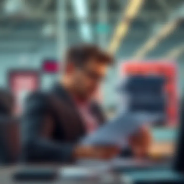 A freelancer calmly guiding a client through a stack of questions and documents while maintaining a professional demeanor