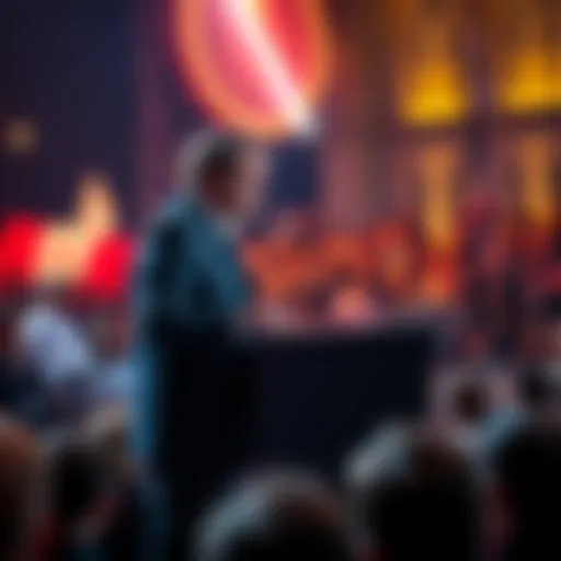 A French presidential candidate stands at a podium, addressing a crowd about new gaming laws after PlayStation's shift from physical discs.