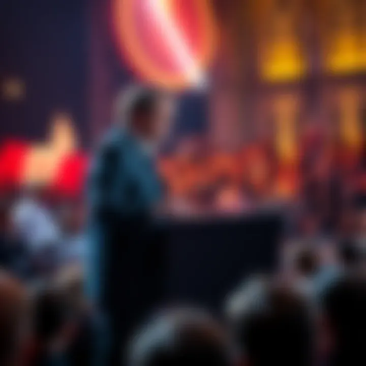 A French presidential candidate stands at a podium, addressing a crowd about new gaming laws after PlayStation's shift from physical discs.